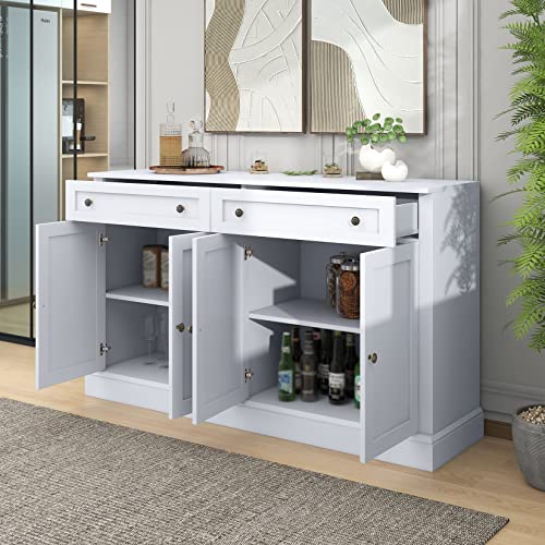 60" White 4-Door Sideboard Buffet with 2 Drawers and Adjustable Shelves S4793