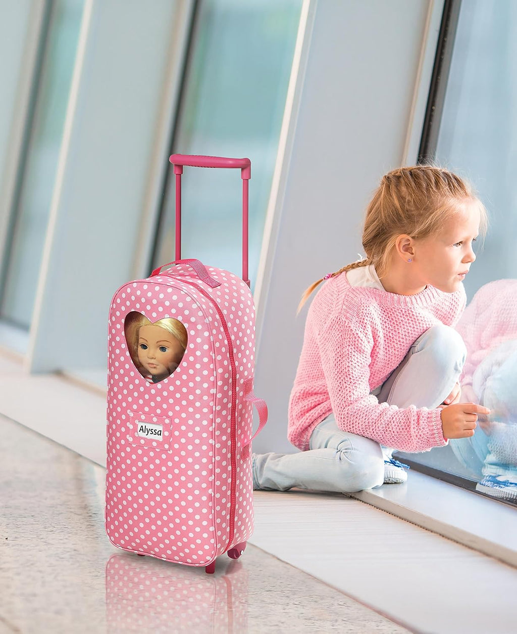 Pink Polka Dot Doll Trolley Travel Carrier with Rocking Bed and Bedding U38645
