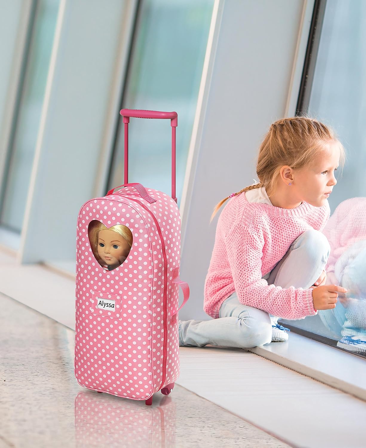 Pink Polka Dot Doll Trolley Travel Carrier with Rocking Bed and Bedding U38645