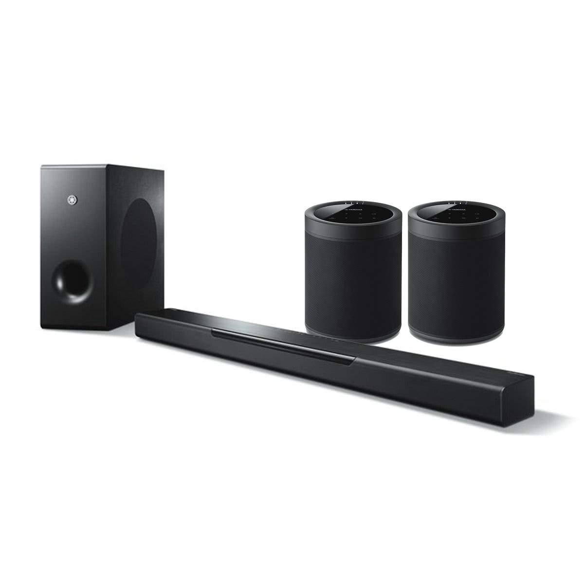 Black Sound Bar with Wireless Subwoofer and Wireless Speakers J6586