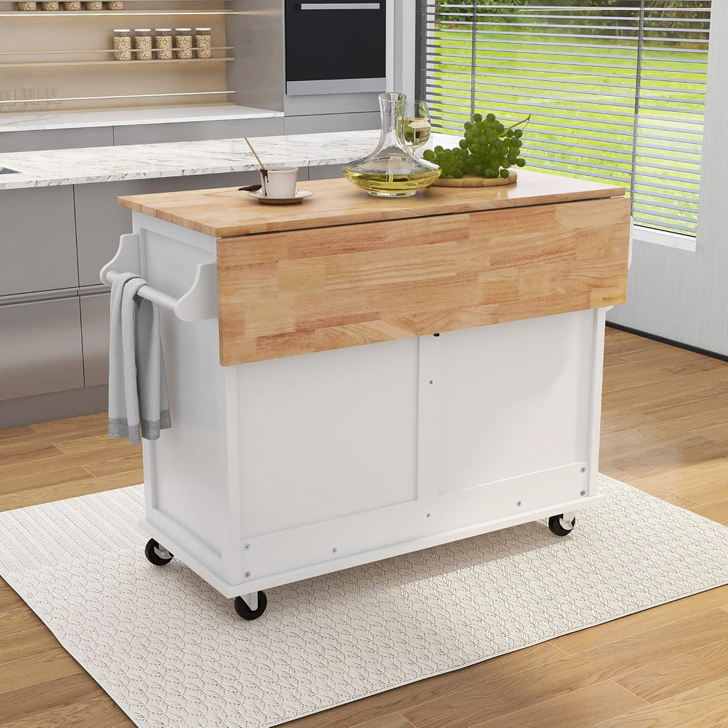 Mobile Kitchen Island Cart with Spice Rack and Towel Rack, Rolling Kitchen Island with Drop Leaf, 2 Drawers and Sliding Barn Doors Y8263