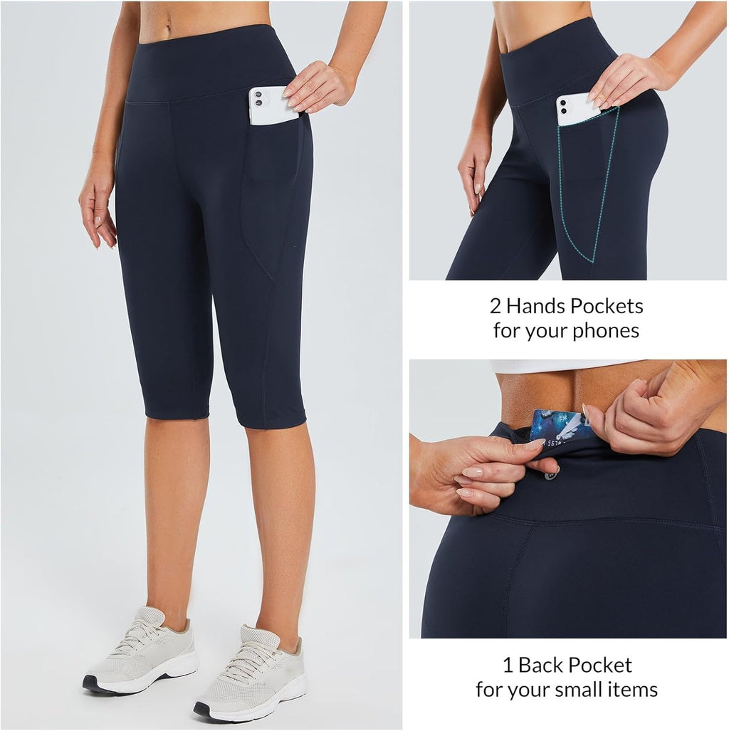 Women's Capris with Pockets Knee Length High Waisted Stretch Yoga Leggings L827