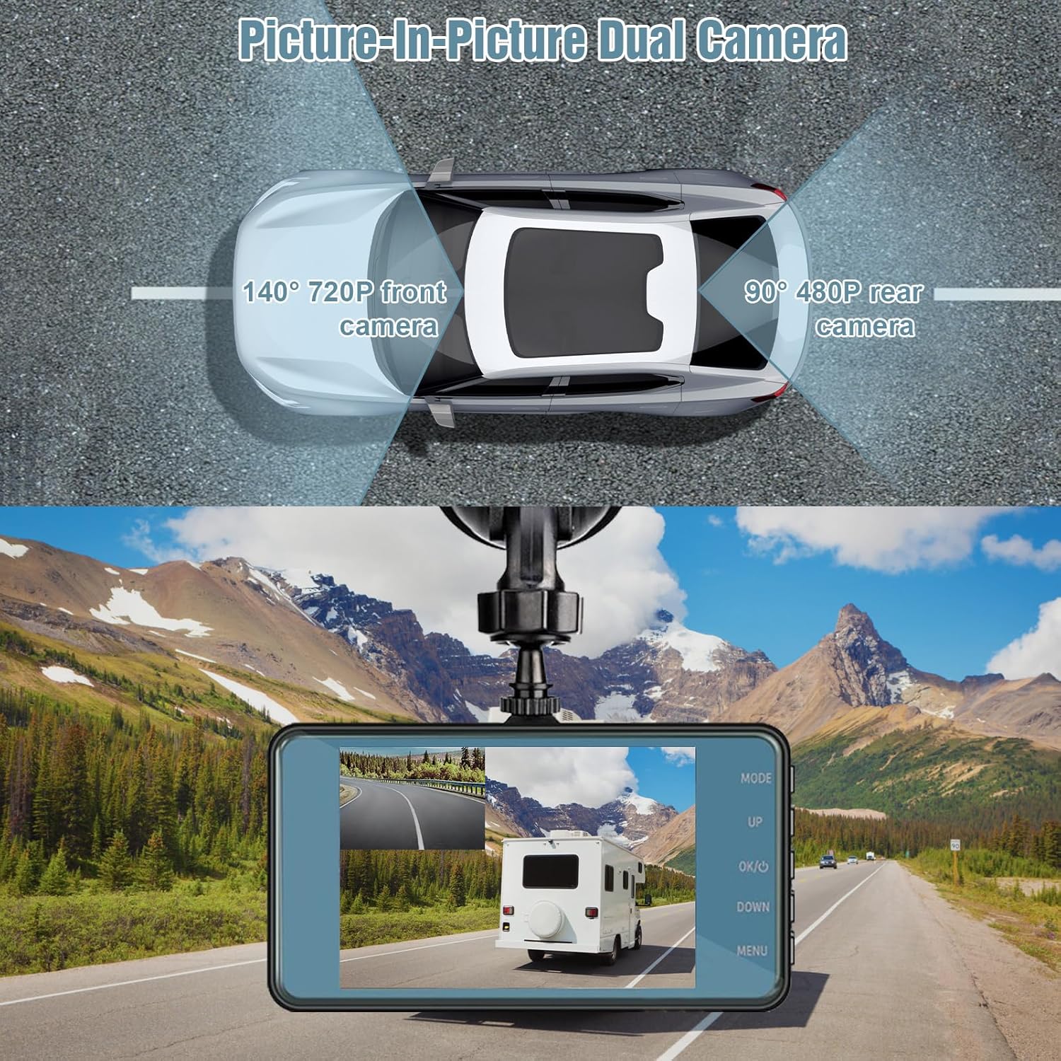 720P HD Dual Dash Cam with Night Vision and 4 inch LCD Display V3393