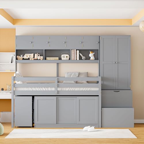 White Low Wood Loft Bed Twin Size with Rolling Desk and Drawers X6776