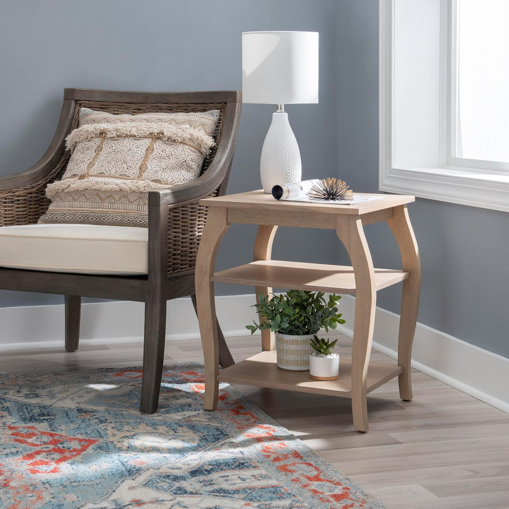 Natural Wooden Side Table with Curved Legs and Two Display Shelves Z852