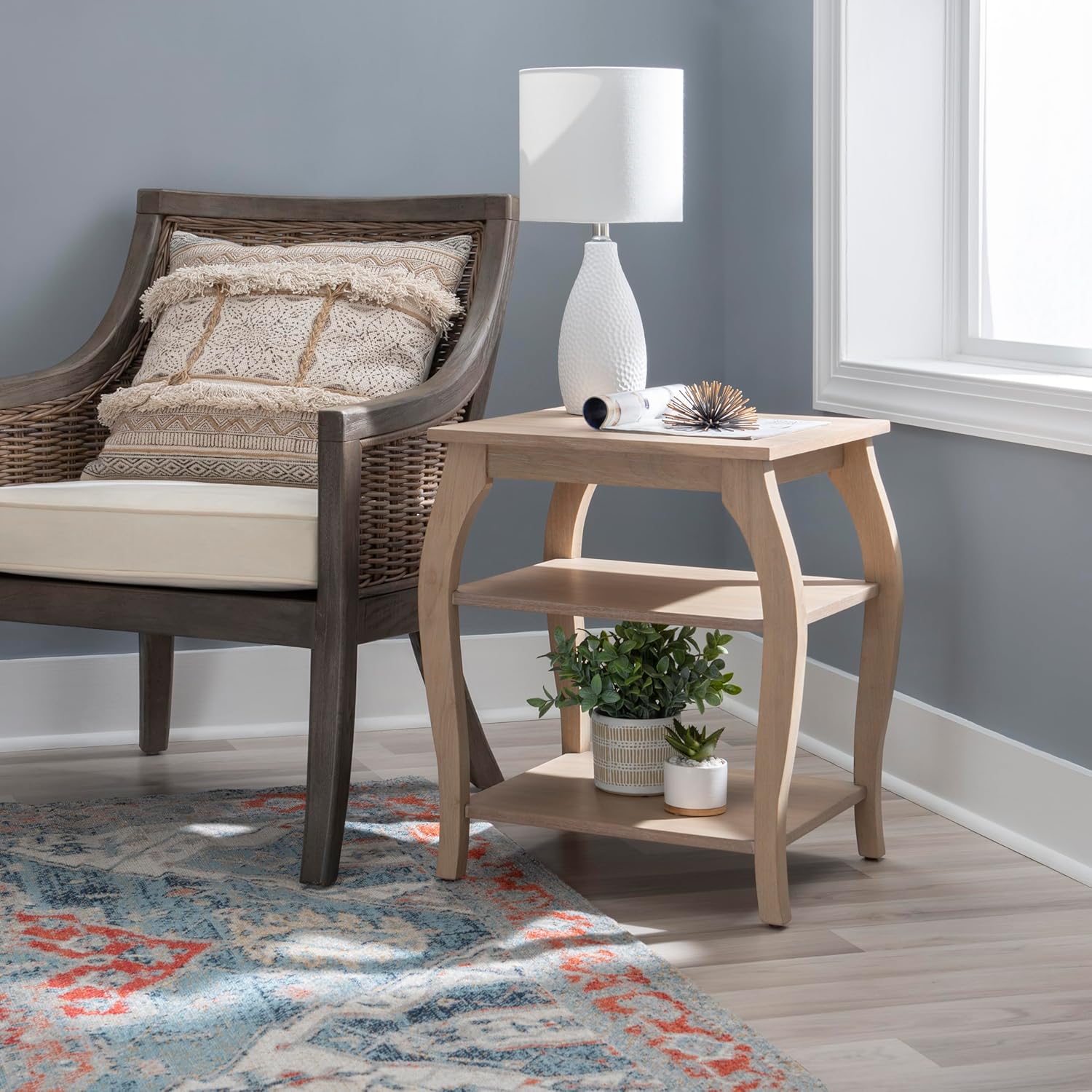Natural Wooden Side Table with Curved Legs and Two Display Shelves Z852