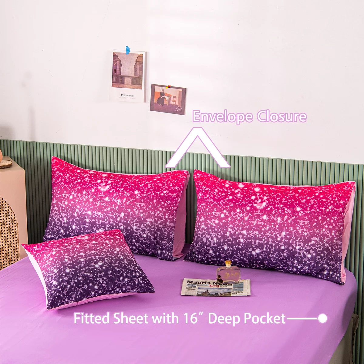 6Pcs Twin Gradient Pink Purple Glitter Comforter Sets R2313