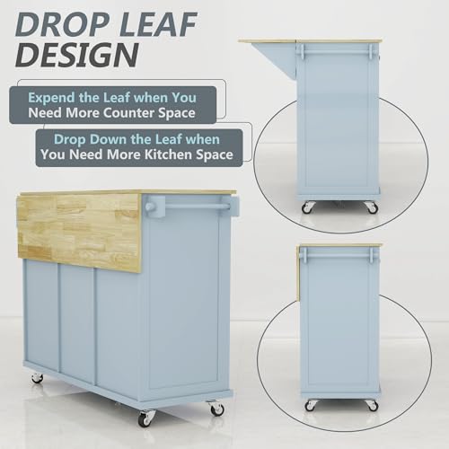 Grey Blue Rolling Kitchen Island with Storage Cabinet and 3 Drawers L4512