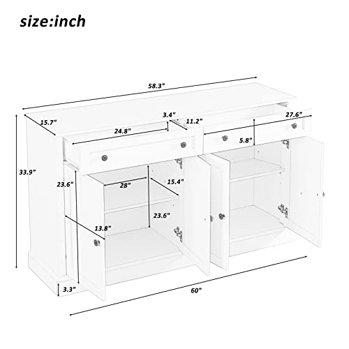 60" White 4-Door Sideboard Buffet with 2 Drawers and Adjustable Shelves S4793