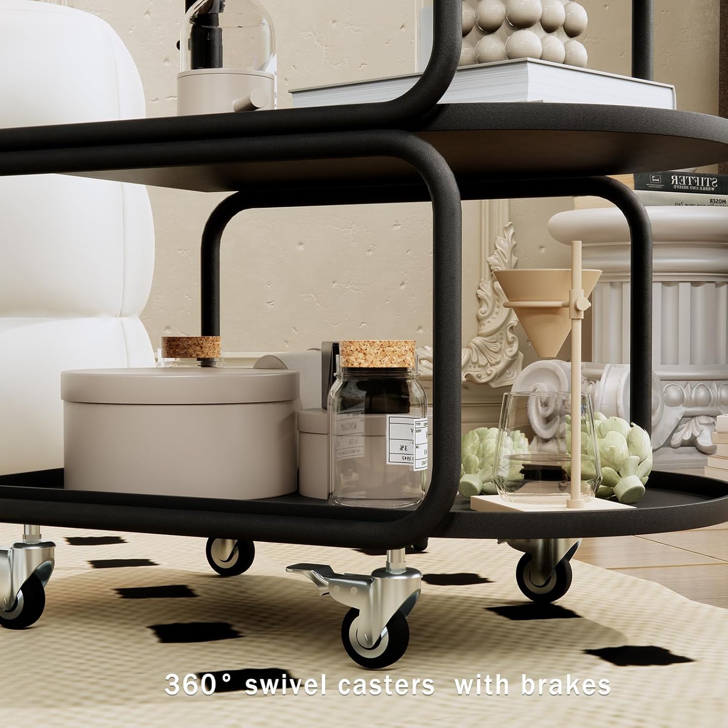 Matte Black 3-Tier Rolling Metal Bar Cart with Lockable Wheels R64576