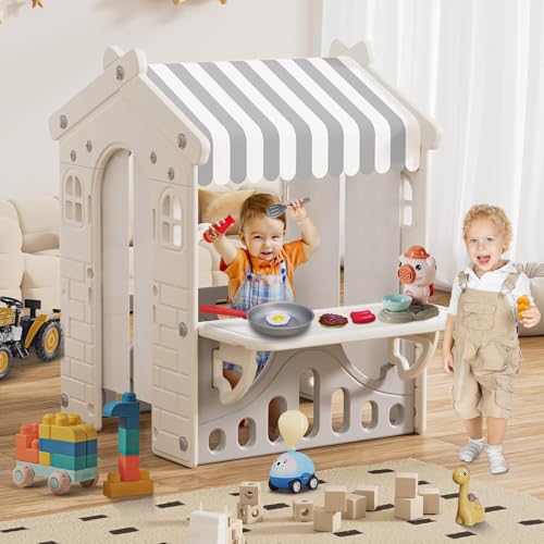 Kids Playhouse with Pretend Play Kitchen Toys Set Beige Gray W4912