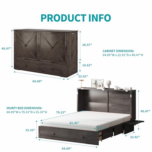 Murphy Bed with USB Charging Station, Memory Foam Queen Size Mattress, Storage Drawer N782