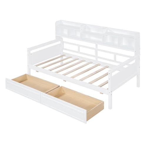 Twin Size Wood Daybed with Shelf and 2 Storage Drawers A431
