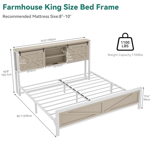 White Queen Size Bed Frame with Headboard and Storage Shelves I43433
