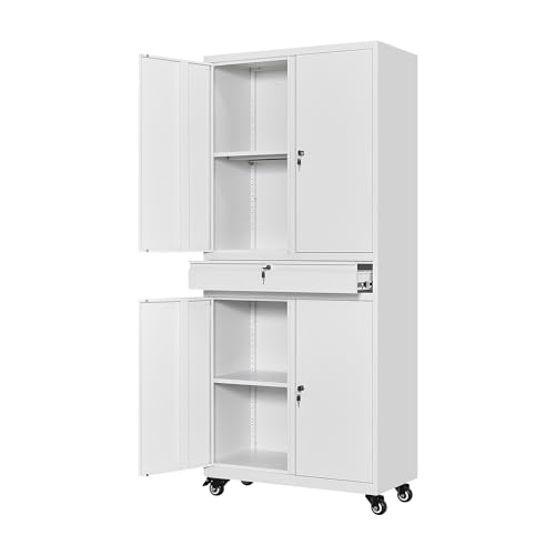 White Metal Storage Cabinet with Wheels and Locking Drawer A56320