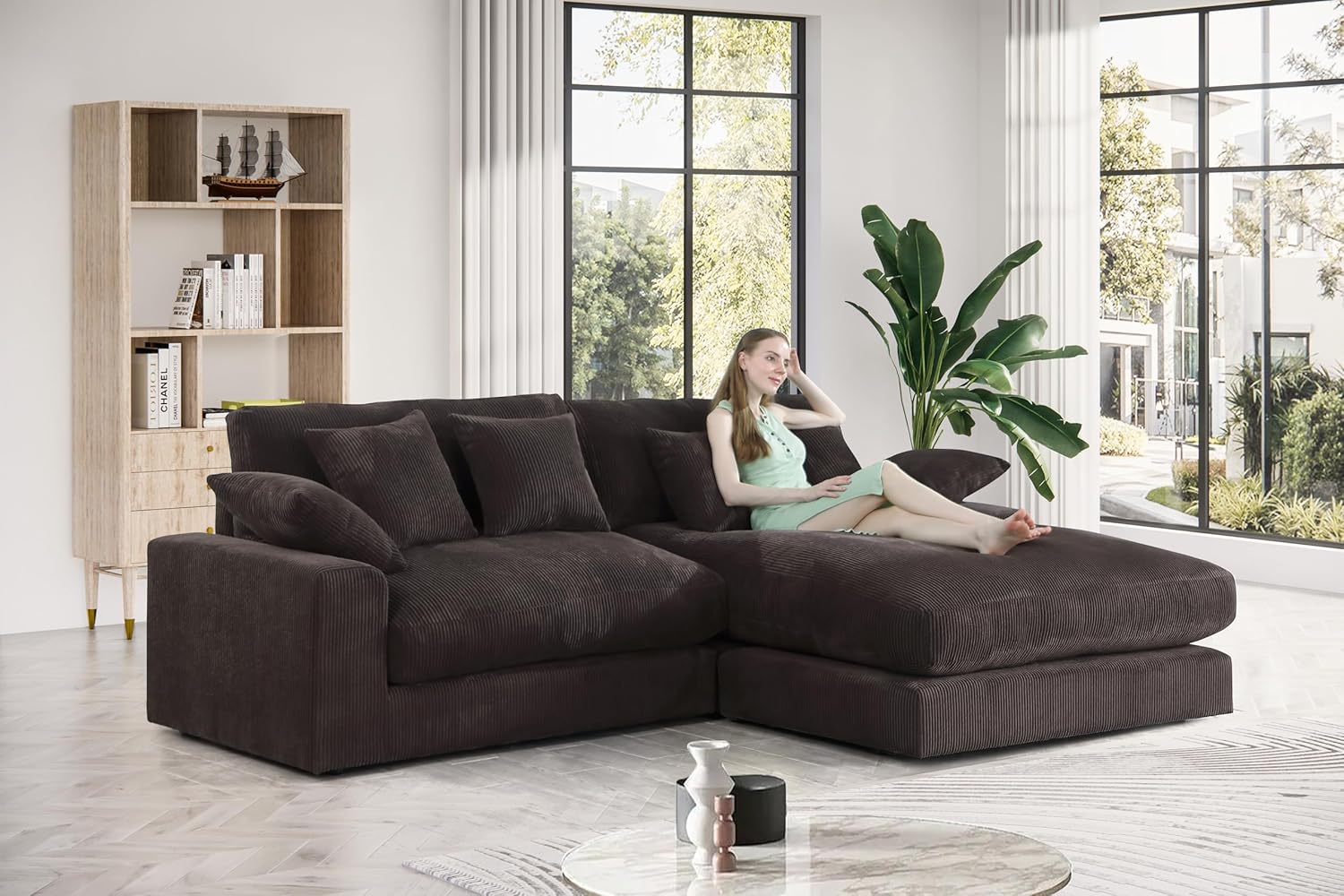 Oversized Corduroy L Shaped Sectional Sofa with Chaise Lounge B4405