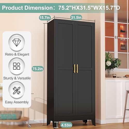 White 75" Metal Pantry Cabinet with 2 Doors and 5 Adjustable Shelves X875330