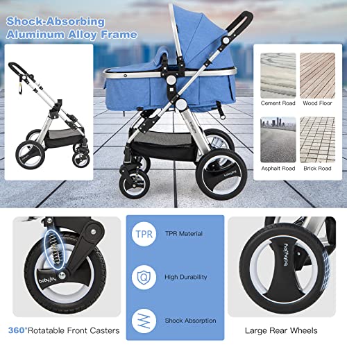 2-in-1 Convertible Bassinet Reclining Stroller with 5-Point Harness, Aluminum Structure, Khaki X47030