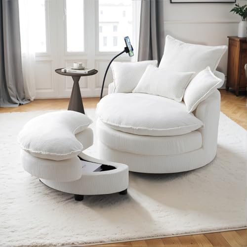 Beige Corduroy Oversized Swivel Accent Sofa Chair with Storage Ottoman K635103