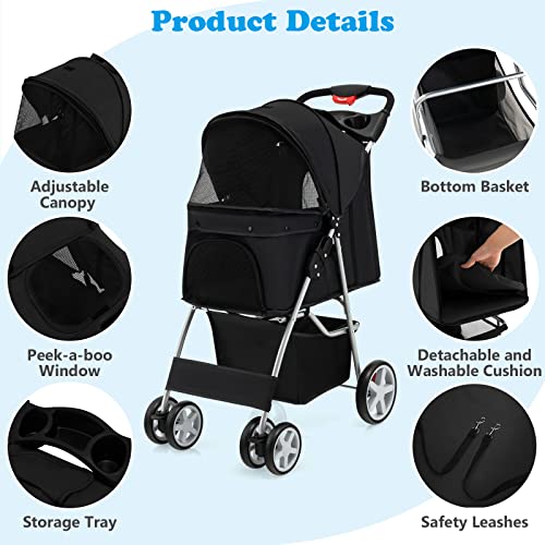 4 Wheels Folding Pet Stroller with Storage Basket and Adjustable Canopy C4318