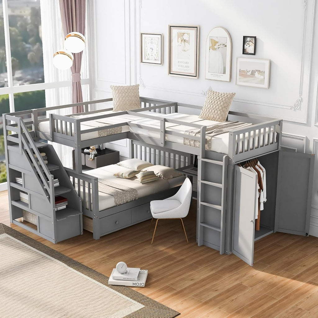 Twin-Twin Over Full L-Shaped Bunk Bed with 3 Drawers Wardrobe Solid Wood Grey N232