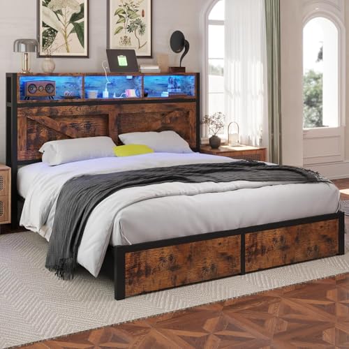 Rustic Brown Full Bed Frame with Bookcase Headboard and Storage Drawers G373360