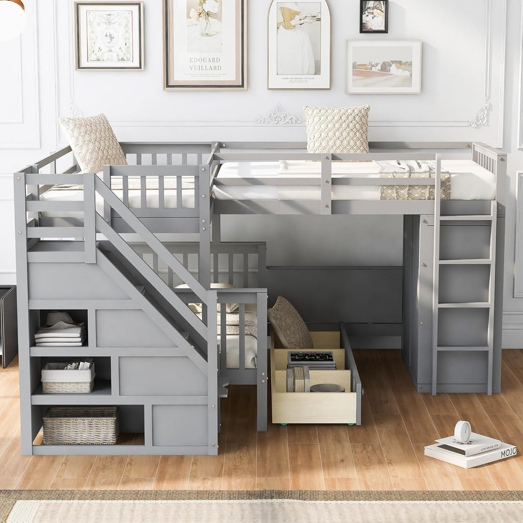 Twin-Twin Over Full L-Shaped Bunk Bed with 3 Drawers Wardrobe Solid Wood Grey N232