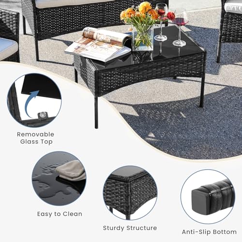 Black 4 Piece Outdoor Wicker Patio Furniture Set with Coffee Table and Sofa Y795177