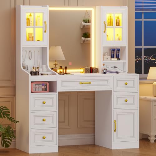 White Vanity Desk with Touch Screen Mirror and Lights, 6 Drawers N700791
