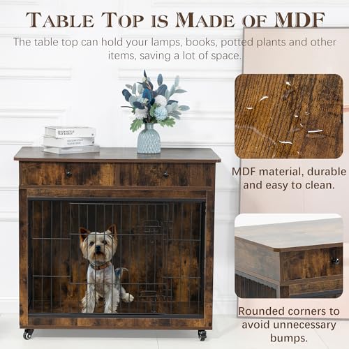 Grey 31.7" L×23.2" W×33" H Wooden Dog Crate with 2 Drawers D442