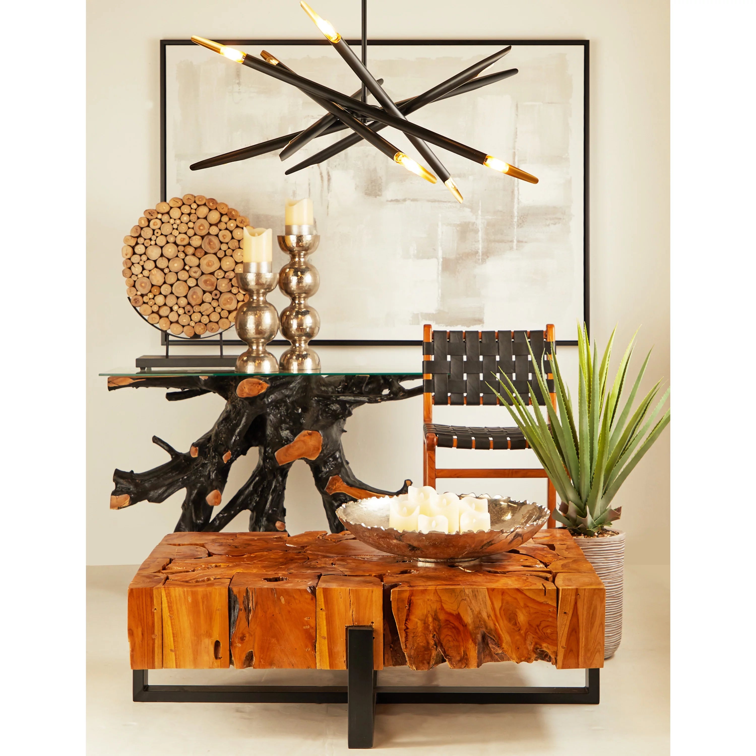 Black Teak Wood Console Table with Clear Glass Top H778869