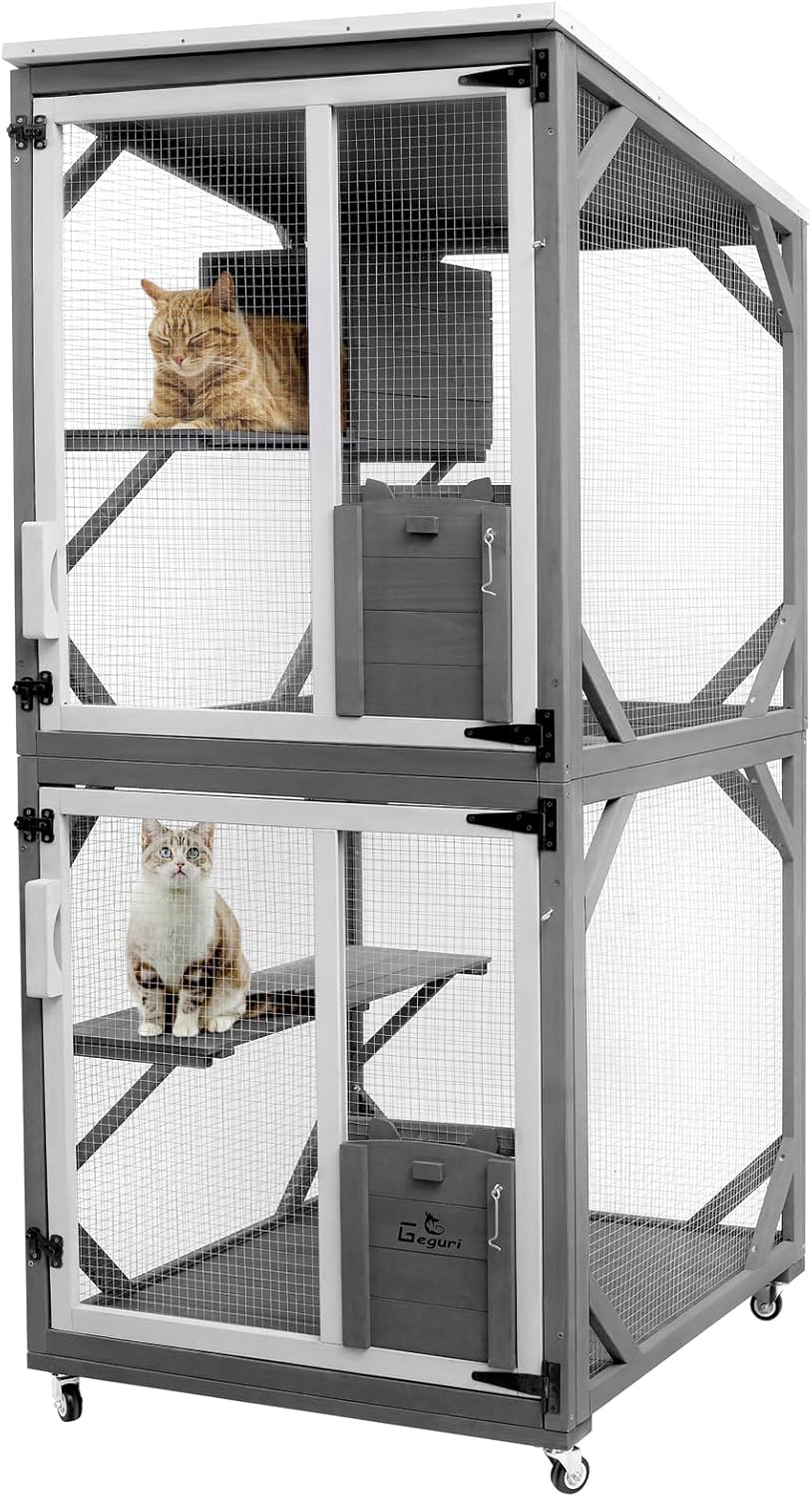 Large Wooden Cat House with Resting Box and Waterproof Roof H754