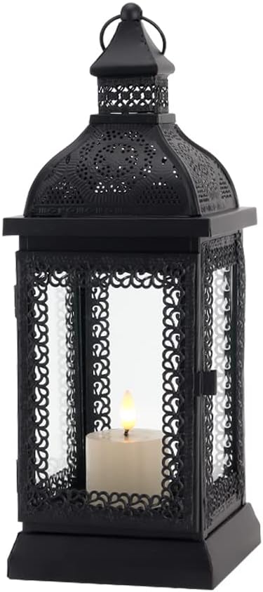 Black Metal Candle Lantern 13'' High with Tempered Glass E53080