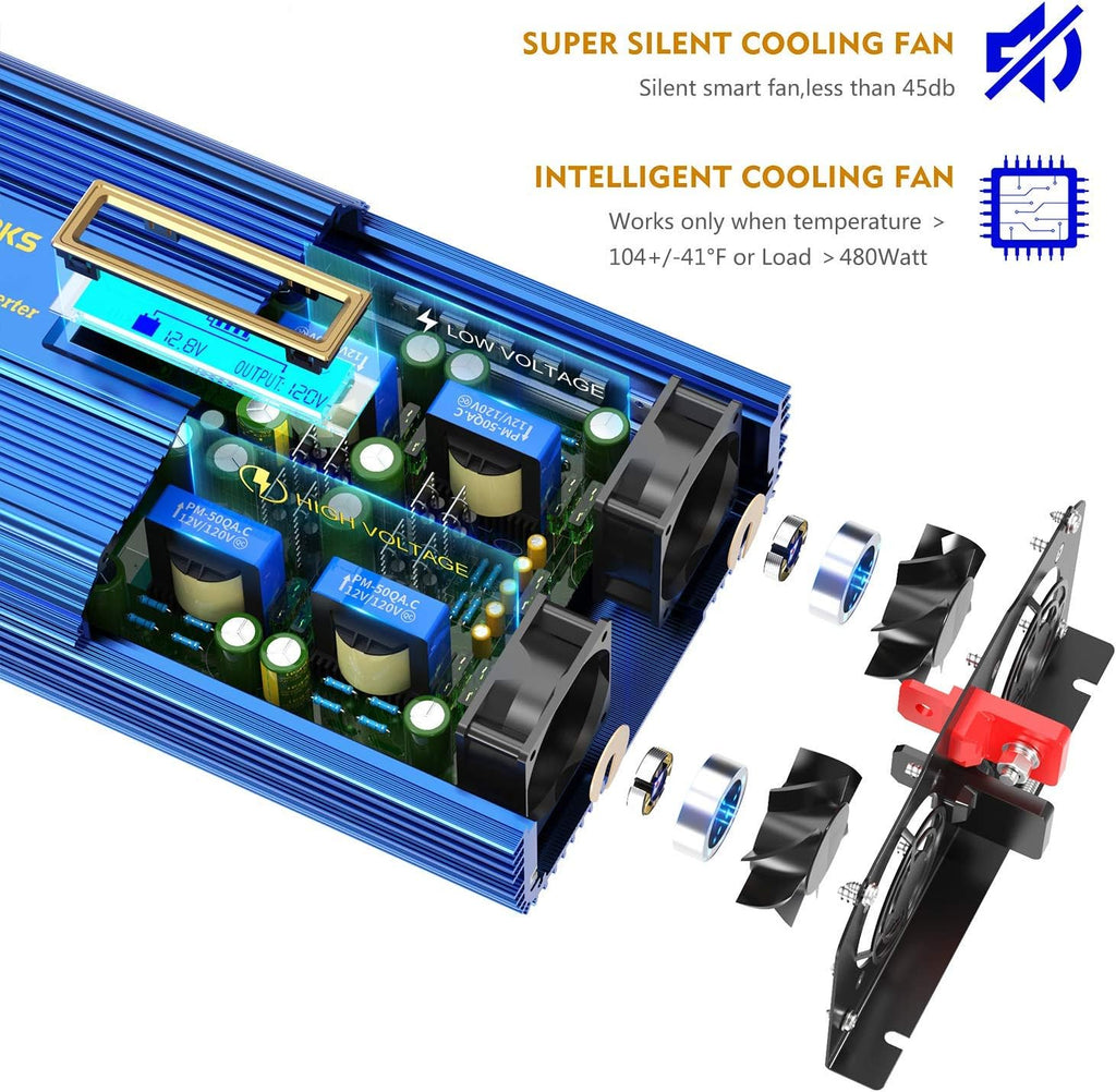 1500W Pure Sine Wave Power Inverter DC 12v to AC 110V-120V with Remote Control LCD Display P88051