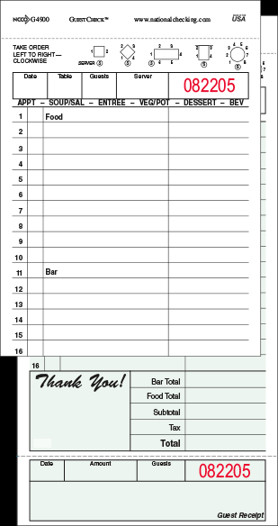 Carbon Backed Guest Check Board - 2 Part Green, 15 Line, 4.20 x 8.25 inch - 2500 per CASE C9149