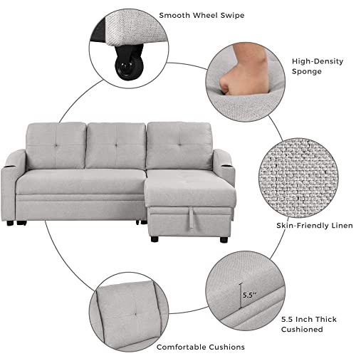 80.3" Linen Fabric 3 Seater Sofa Bed with Storage Chaise W6260