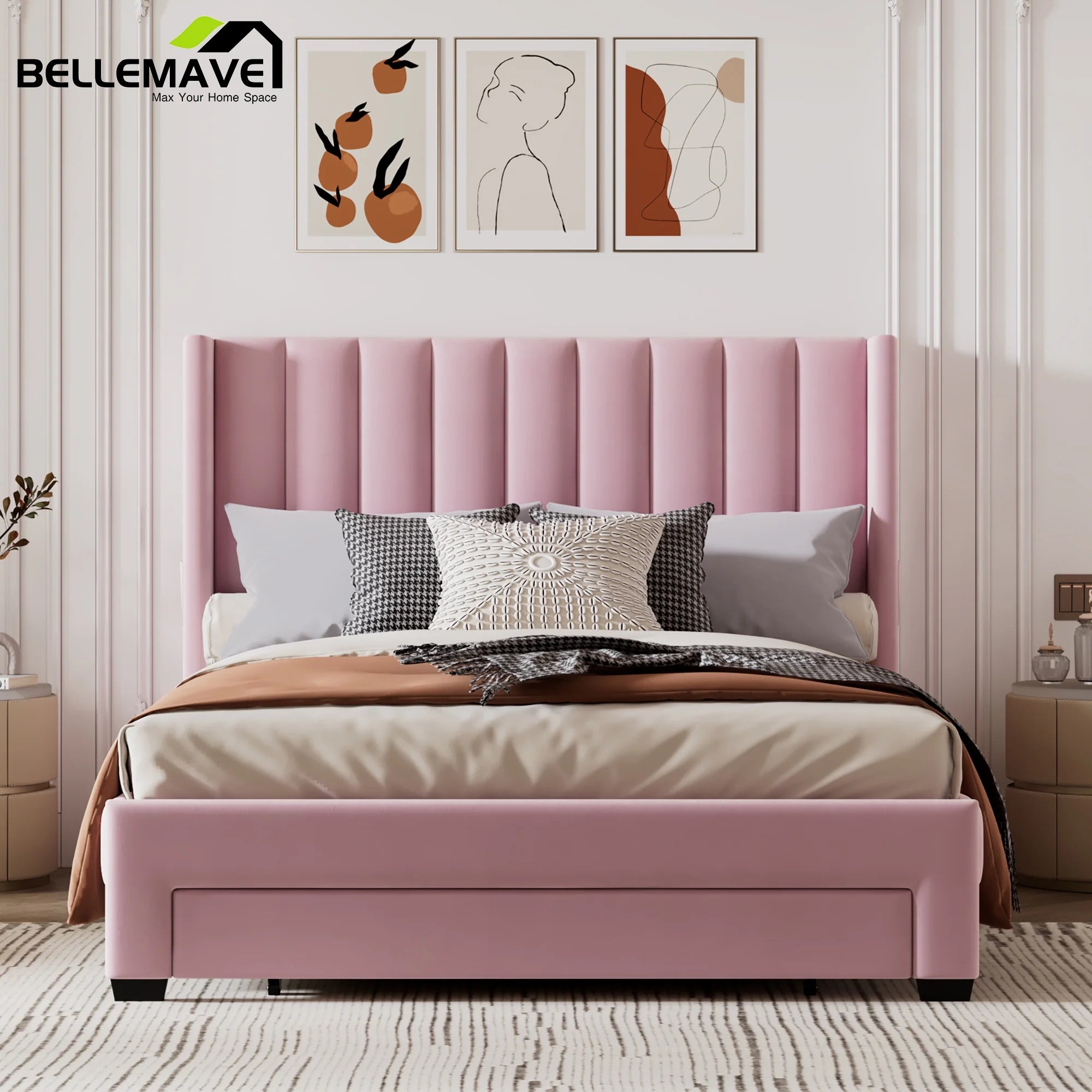 Queen Size Pink Velvet Upholstered Wood Platform Bed with Drawer I3436