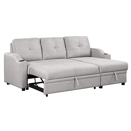 80.3" Linen Fabric 3 Seater Sofa Bed with Storage Chaise W6260
