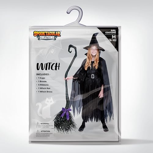 Classic Kids Witch Costume Black Witch Dress with Broom and Hat XL Q3327