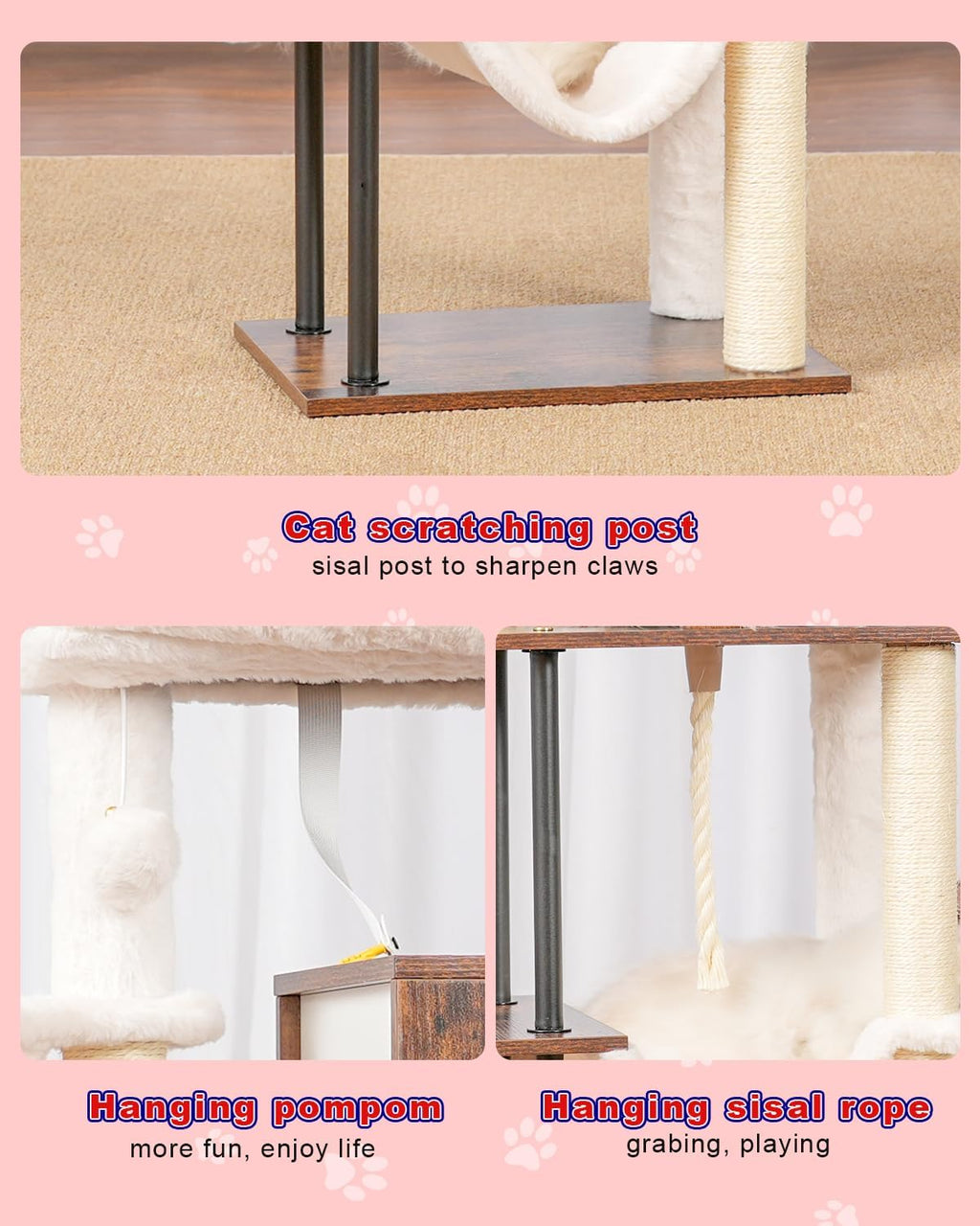 Rustic Brown 43.3in Wood Cat Tree with Sisal Rope Scratching Post V58118