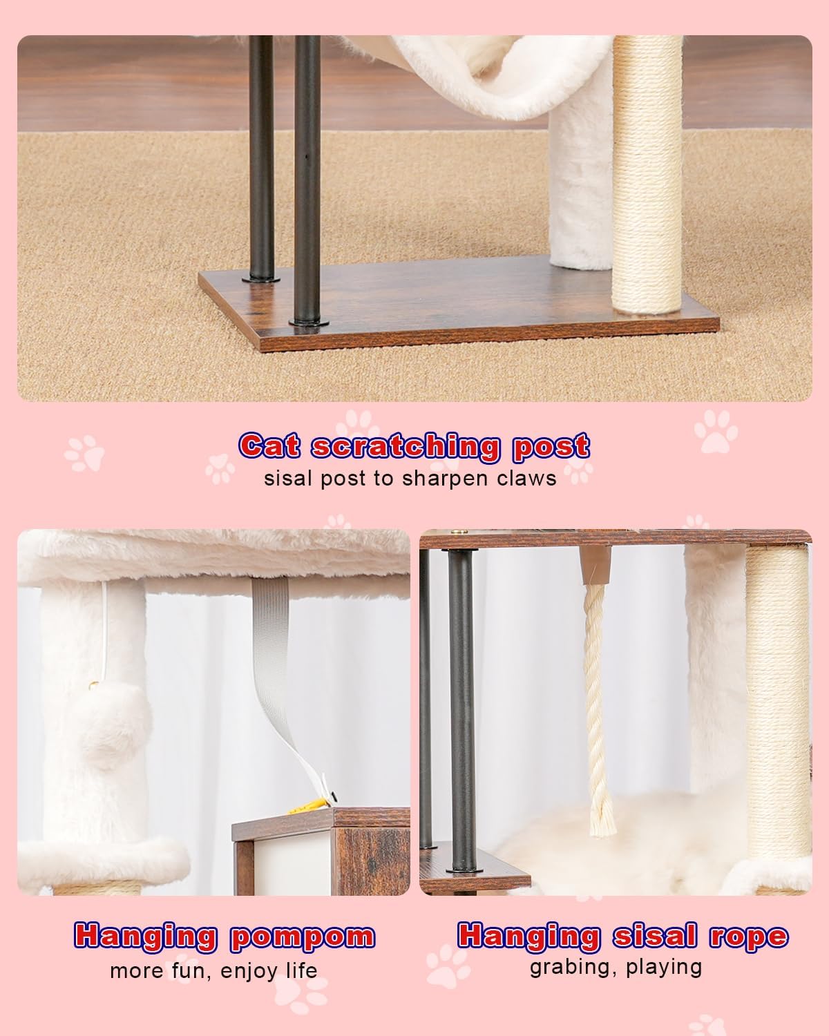 Rustic Brown 43.3in Wood Cat Tree with Sisal Rope Scratching Post V58118