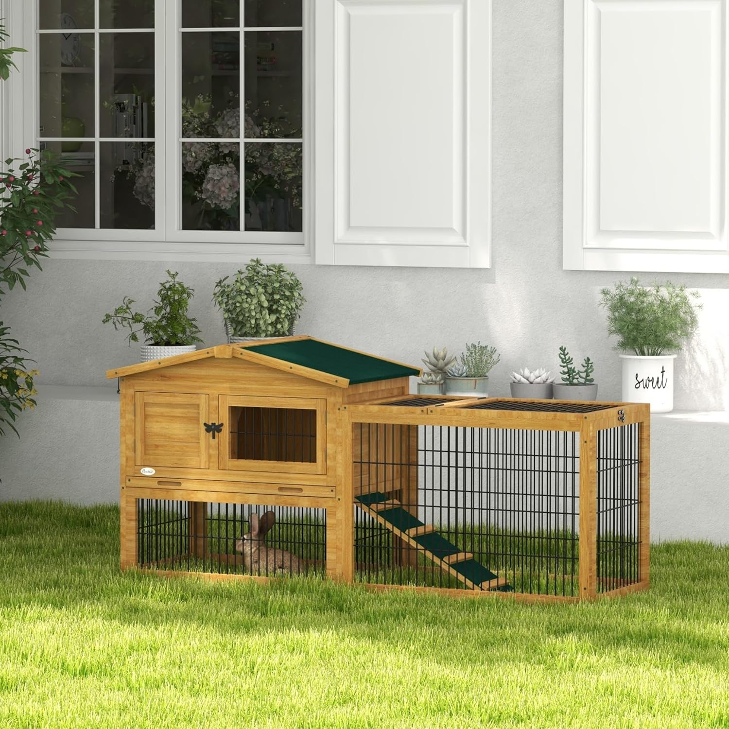 Yellow Wooden Rabbit Hutch with Removable Tray N1778