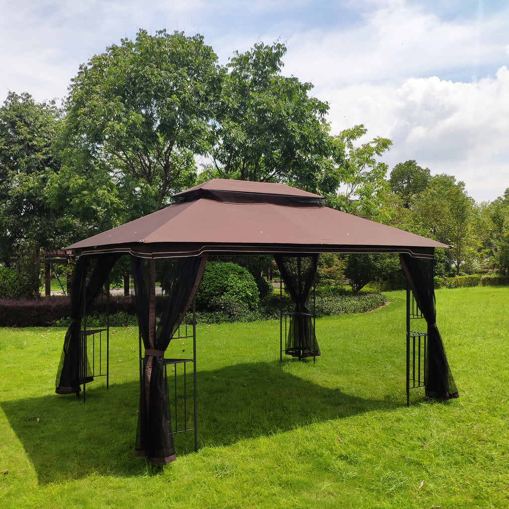 Brown Outdoor Patio Gazebo Canopy Tent With Mosquito Net L61025