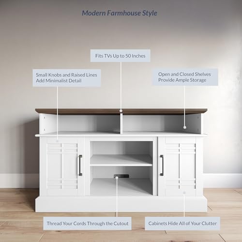 White Wood TV Stand with Open Storage Shelves and Cabinets E7926