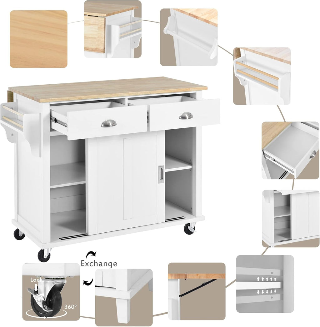 Mobile Kitchen Island Cart with Spice Rack and Towel Rack, Rolling Kitchen Island with Drop Leaf, 2 Drawers and Sliding Barn Doors Y8263