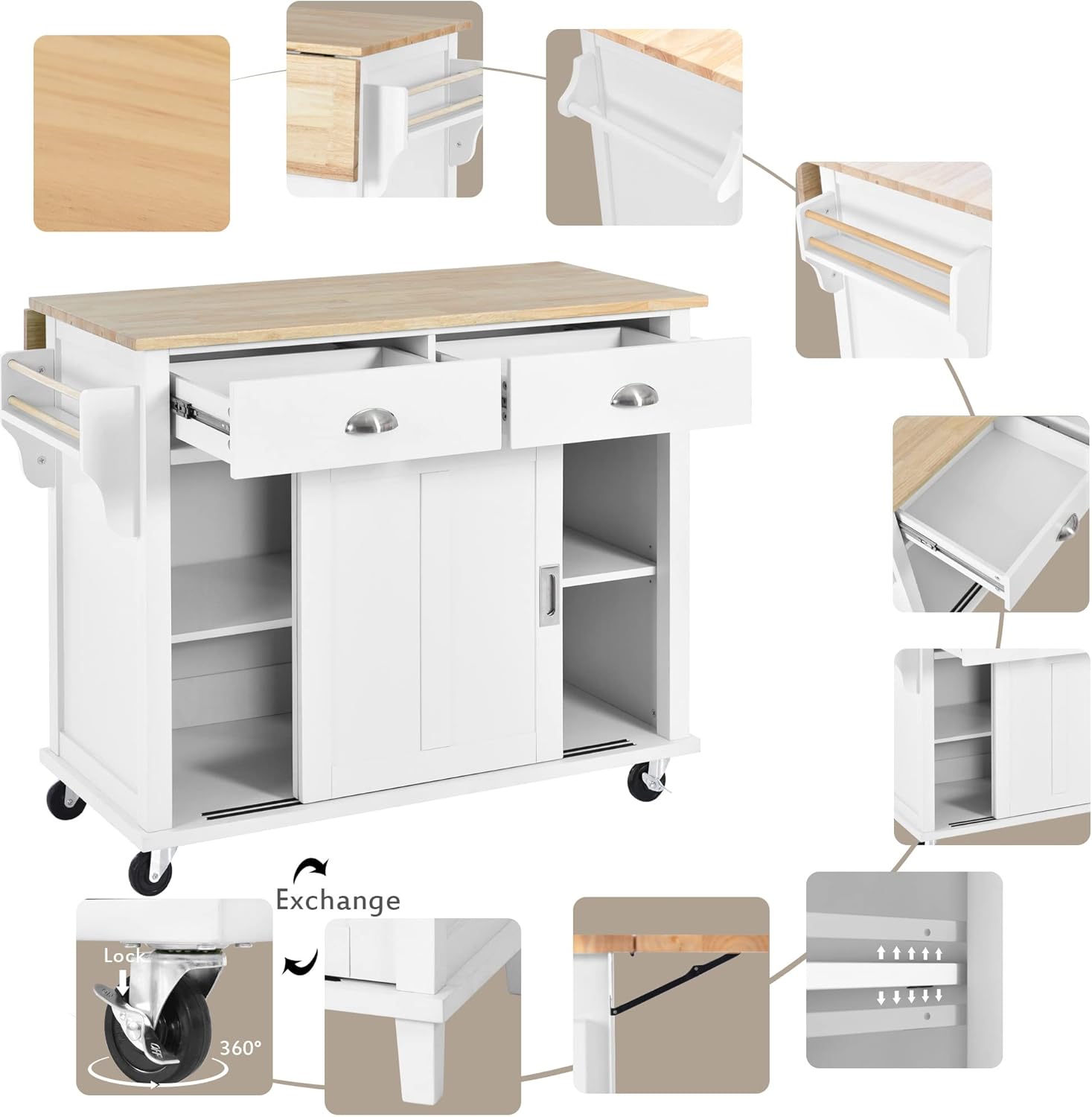 Mobile Kitchen Island Cart with Spice Rack and Towel Rack, Rolling Kitchen Island with Drop Leaf, 2 Drawers and Sliding Barn Doors Y8263