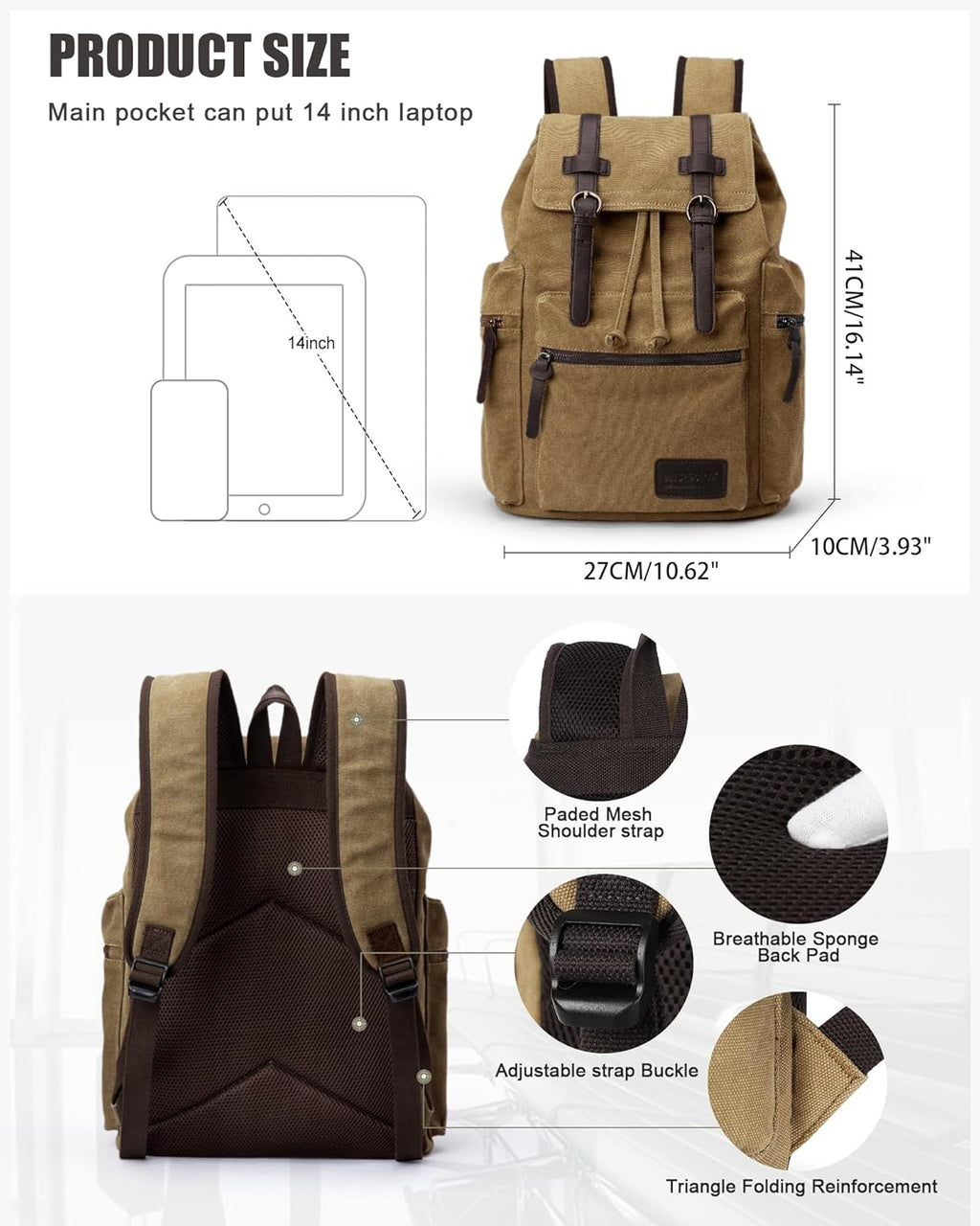 Canvas Vintage Casual Daypack Backpack, Water Resistant Lightweight 14 Inch Laptop Rucksack Hiking Bag, Khaki E52456