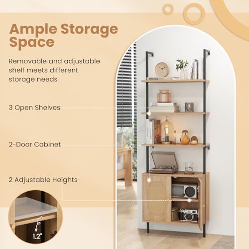 6-Tier Ladder Bookshelf with Cabinet, 71" Tall Wall Mount Shelf Bookcase with Metal Frame & Rattan Cabinet Bottom S776