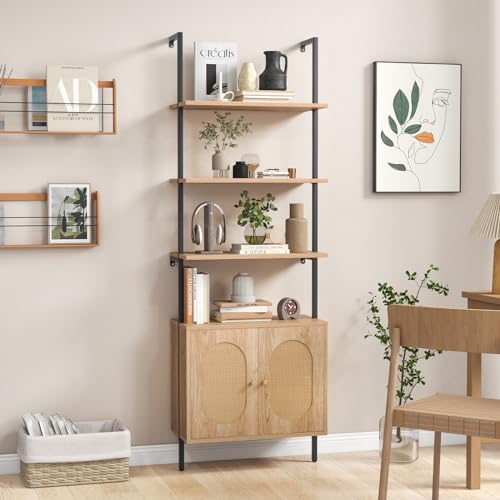 6-Tier Ladder Bookshelf with Cabinet, 71" Tall Wall Mount Shelf Bookcase with Metal Frame & Rattan Cabinet Bottom S776