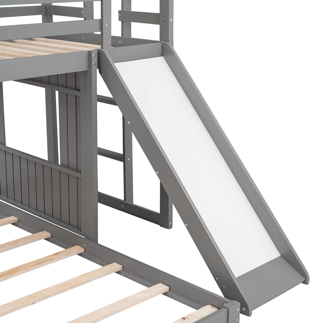 Gray Wood Twin Over Full Bunk Bed with Ladder and Slide J79221